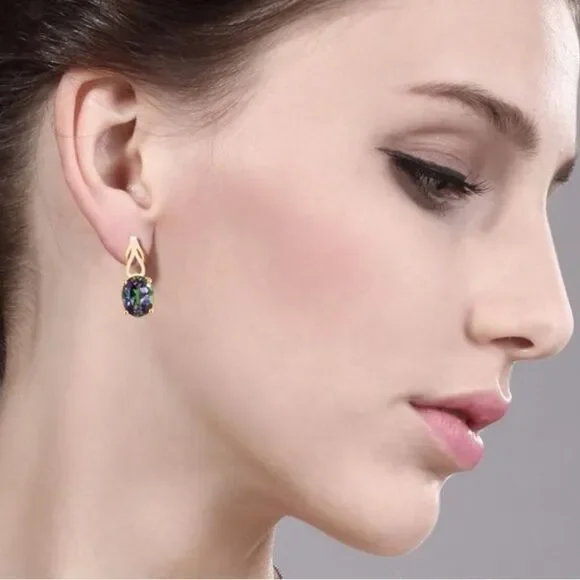 18K Yellow Gold 925 with 3.60 Cttw Green Mystic Topaz Oval Post Drop Earrings